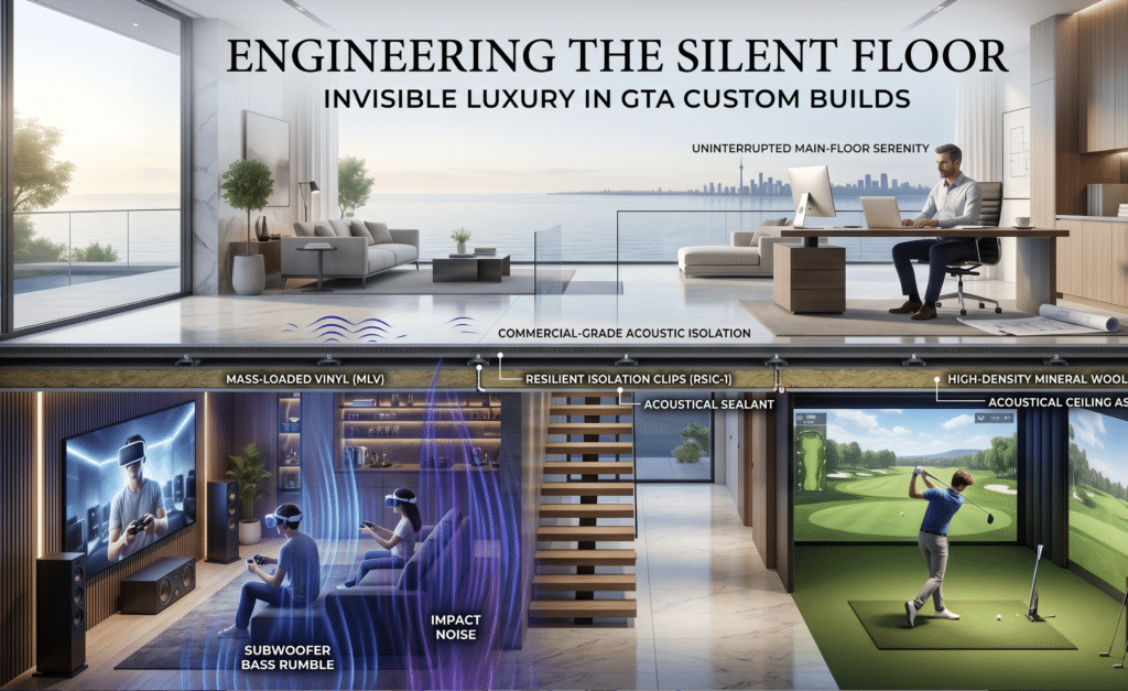 Diagram illustrating basement noise isolation solutions for luxury custom homes and preventing upward noise transfer.