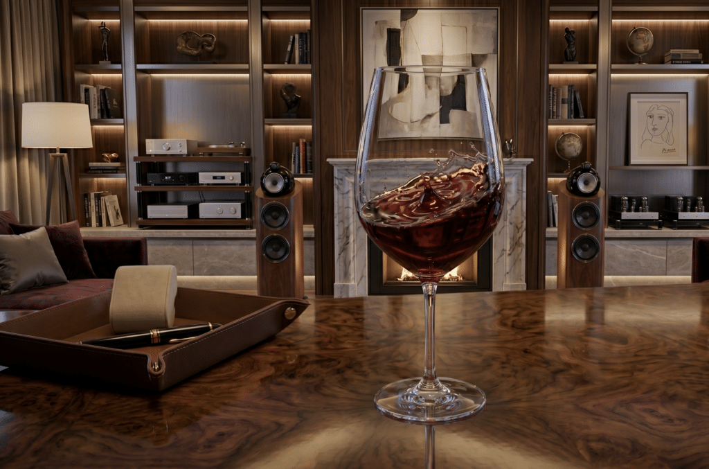 Luxury living room with wine glass and speakers, illustrating noise transfer concerns in custom homes.