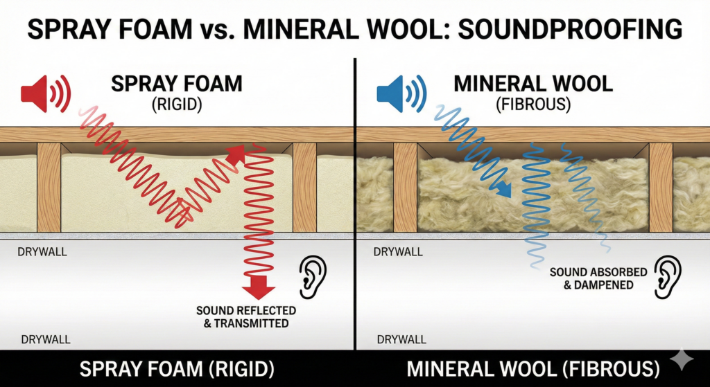 Rockwool mineral wool absorb the sound. Spray foam just reflect and transmit the sound