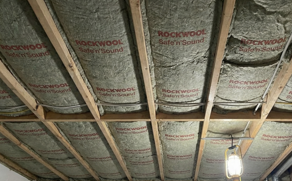 Rockwool Safe-And-sound mineral wool installed in ceiling joists of a basement in Calgary for soundproofing.