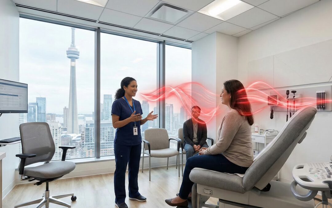 Medical exam room with soundwaves illustrating speech privacy concerns in Toronto clinic.
