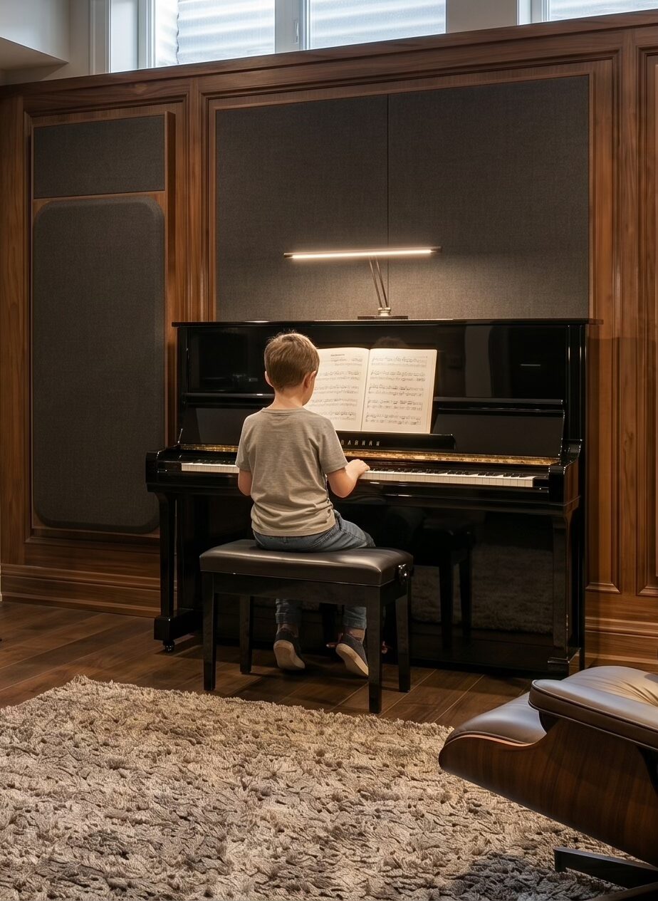 boy practicing piano playing in basement Boy practicing piano in a soundproofed basement music room.