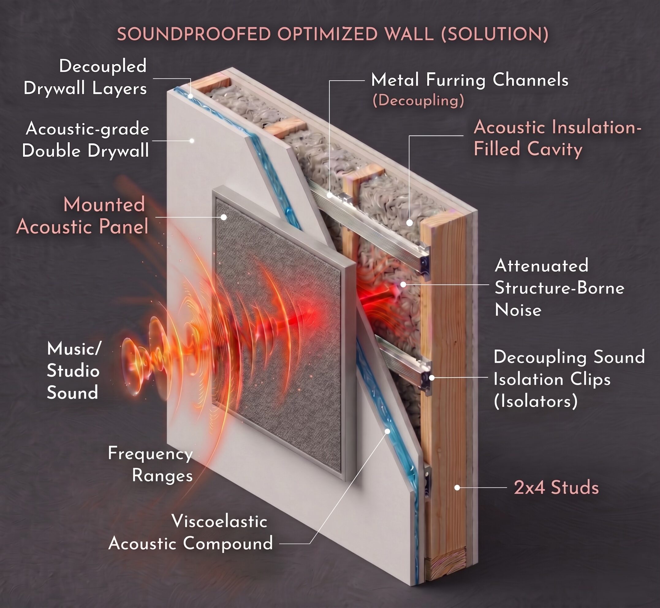 soundproof optimize wall solution_music room Cross-section of soundproofed music room wall assembly with decoupled drywall layers, acoustic insulation, and vibration isolation clips.
