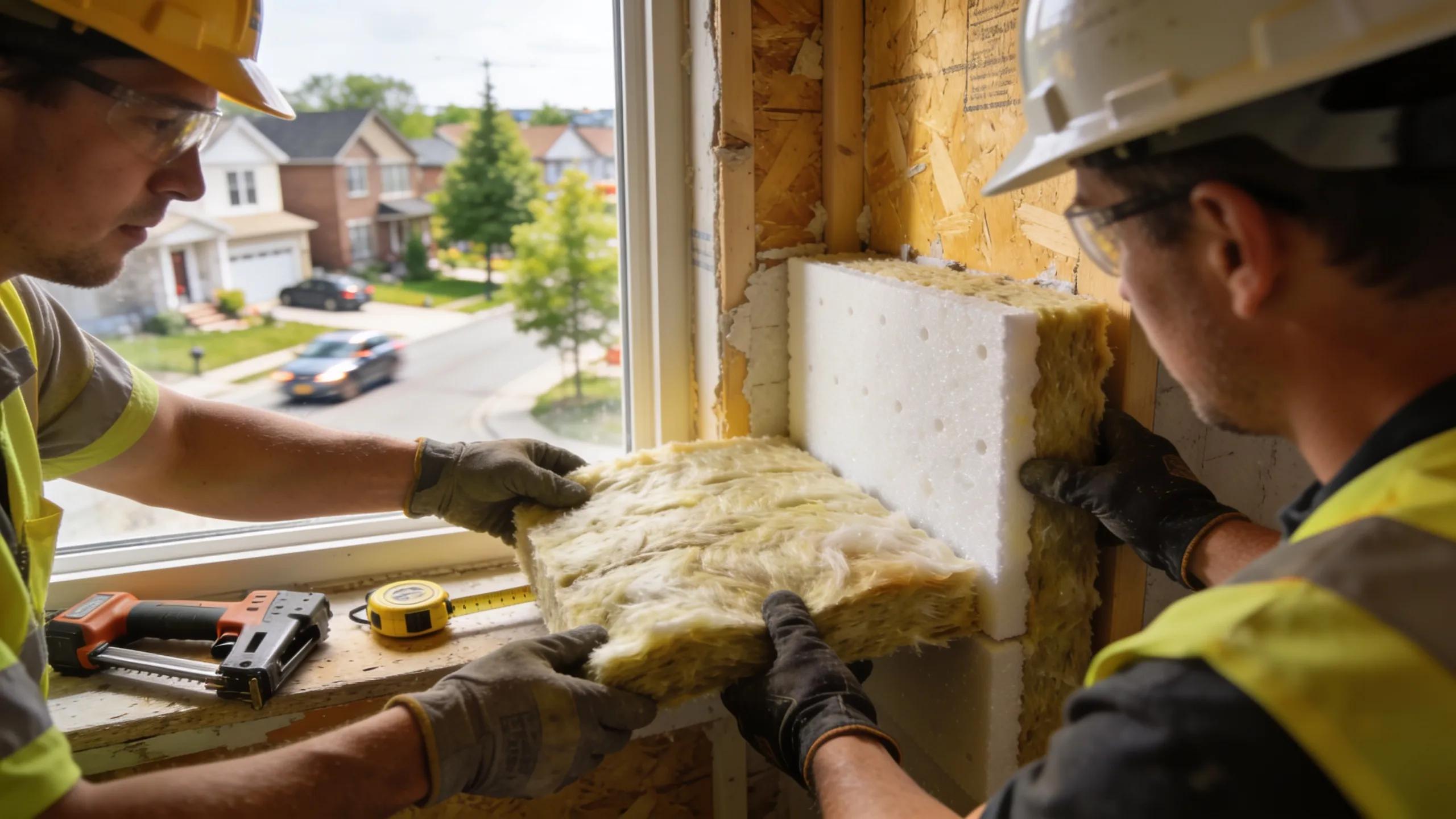 Interior of a Vaughan home during soundproofing installation, showcasing professional application of acoustic insulation materials