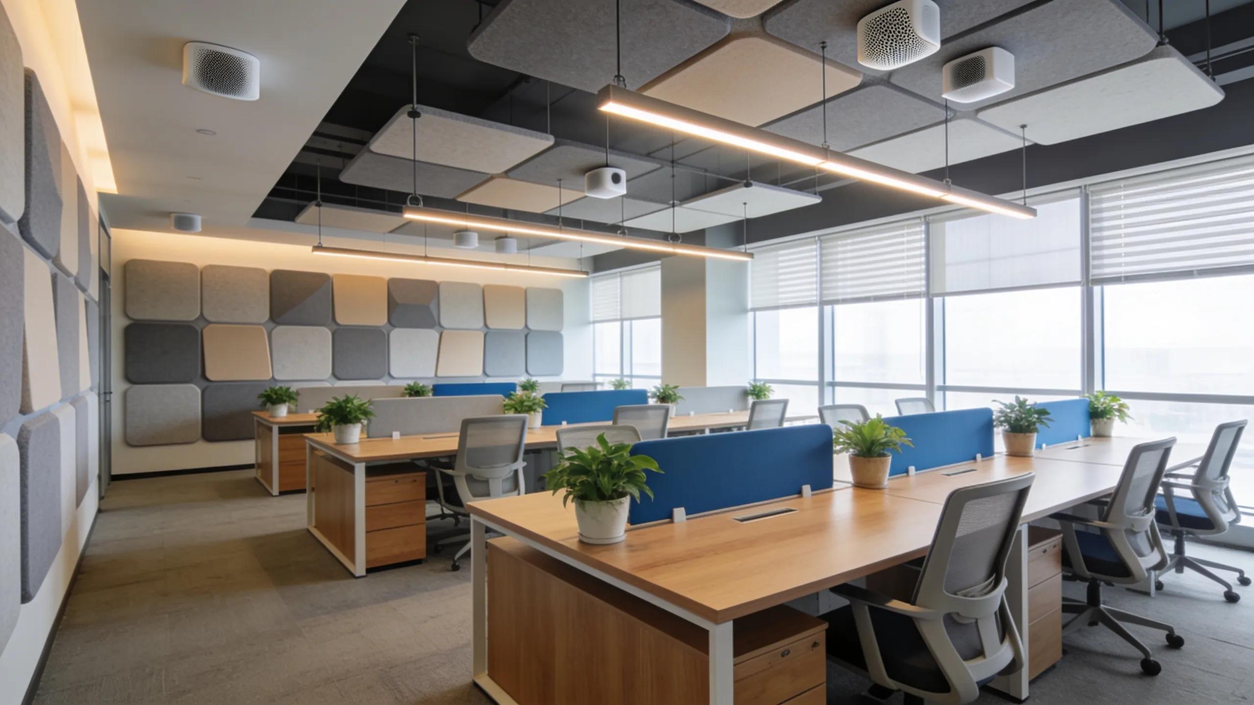 Interior view of a modern office with customized acoustic systems to improve noise control