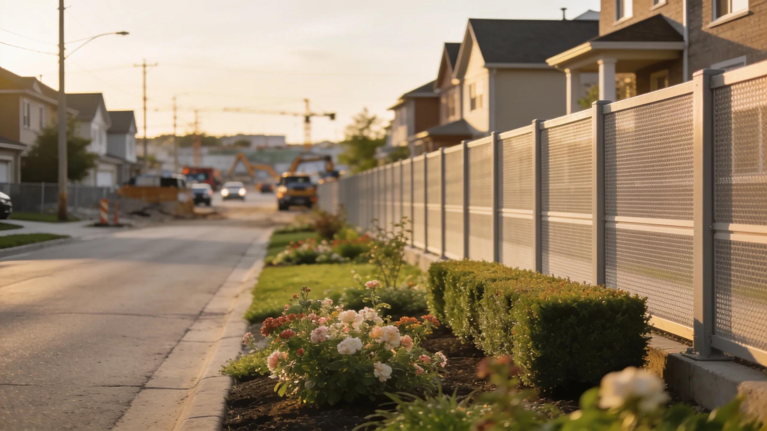 Quiet suburban street in Vaughan, highlighting landscaped gardens and sound barriers addressing urban noise challenges