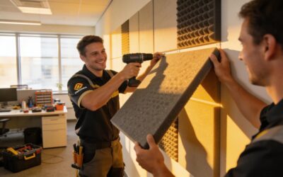 Inaudible technicians installing acoustic panels for speech privacy in a medical clinic.